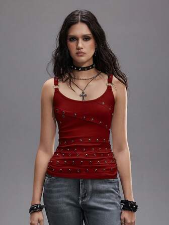 Grunge Punk Damen Kpop ärmelloses, sexy Spaghetti-Träger Trägershirt mit tiefem Ausschnitt in Schwarz, mit Nieten, Strass und Schleifen, geeignet für Sommer, Strand, Abschluss, Ostern, Konzerte, Nashville Urlaub, Musikfestivals, Rock