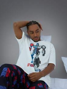 Transformers X SHEIN Men's Robot Graphic Round Neck Short Sleeve Top And Pants Loungewear Set - White - View 3