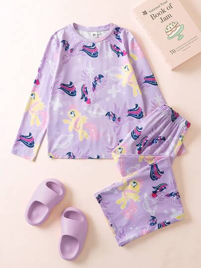My Little Pony X SHEIN Tween Girl Dreamy Sweet Allover Print Knit Round Neck Light Purple Top & Pants Autumn/Winter Pajama Set Lavender Pajama Set Young Girl Pajama Set Purple Pajamas Set Kids Unicorn Pajamas