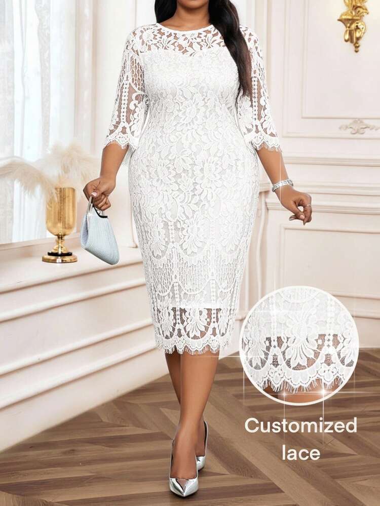 SHEIN Lady Plus Size White Elegant Floral Lace Dress For Women,Summer Bridal Wedding Party,Formal Graduation New Year Christmas Outfits,Little White Dress - White - View 1