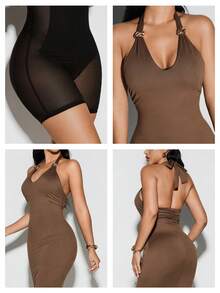 Nuvra Women's Halter Backless Double Layer Shapewear Dress With Lining, Waist Cinching, Butt Lifting, Mid-Length Bodycon Dress Brown Bodycon Dress Bodycon Maxi Dress Built In Bra Dress Brown Sexy Dress Slaydiva Dresses Elegant Dresses For Women - Brown - View 9