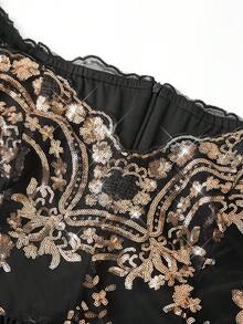 SHEIN Clasi Plus Size Women Floral Patchwork Sequin Mesh Off-Shoulder Long Sleeve Elegant Dress