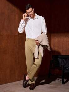 Officeau 男士经典商务西裤，纯色弹力西装裤，直筒休闲复古男士正装裤 - 卡其色 - 查看 7