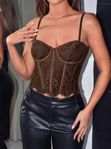 SHEIN ICON 女士蕾丝短款修身吊带背心 - 棕色 - 查看 3