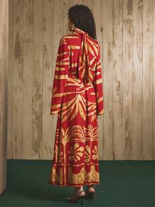 EMERY ROSE Abito elegante da donna con collo alto, maniche a sbuffo e vita arricciata, adatto per occasioni formali - Rosso - Visualizzare 7