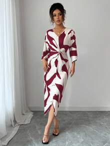 Elenzga Women's Apricot Base Color Milk Silk Digital Printing High Elasticity Fabric V-Neck Waist Twist Design Waist Slimming Asymmetrical Hem Niche Design High-End Elegant Elegant Date Outfit Thanksgiving Halloween Atmosphere Autumn New Essential Fashion Midi Dress - Red Violet - View 3