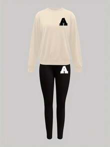 Conjunto casual mujer estilo americano con letras estampadas ajuste ceñido cuello redondo manga larga primavera otoño para ocasión diaria - Beis - Ver 2