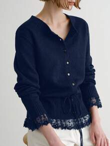 FRIFUL Women's Casual Lace Patchwork Drawstring Crew Neck Loose Hem & Cuff Cardigan, Sweet Style - Navy Blue - View 3