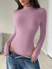 SHEIN EZwear 女士莲藕粉色立领长袖休闲紧身上衣，秋季款，莲藕粉色紧身上衣 - 藕粉色 - 查看 4