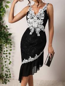 Almamuse Váy dài vừa phải bèo nhún đen trắng dành cho nữ - màu đen - Xem 4