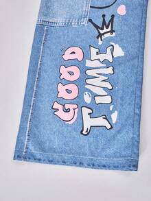 SHEIN ChillGRL Streecool 儿童休闲青少年女孩宽松街头风格牛仔印花裤、短款吊带背心、长袖连帽网眼衬衫三件套服装，时尚