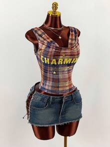 Amplova Áo nữ Y2K cổ tròn ôm sát, họa tiết kẻ caro rách rưới, gợi cảm và phù hợp mặc hàng ngày, đi club, áo nữ Y2K mùa hè, áo kẻ caro Y2K, áo Giáng sinh cho nữ, váy năm mới, áo tank top. - Nhiều màu - Xem 5