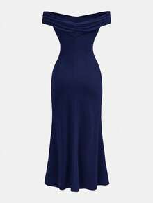 Girlism Teen Girls Party Wear Off-Shoulder Ruched Elegant Crossover Fishtail Hem Dress - Navy Blue - View 2