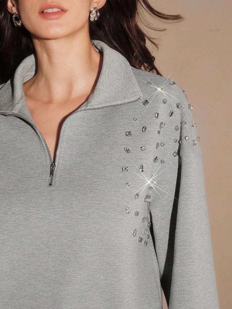 Fashionable Thickened Loose Pullover Sweatshirt With Rivet Pearl Design, Grey, Suitable For Fall, Festival, Spring