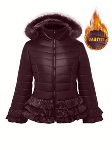 Maweii Damen Große Größen Stehkragen Rüschen Saum Reißverschluss Kapuzen Wattierte Jacke, geeignet für Winterausflüge, Schneezeit und Pendeln - Bordeaux - Übersicht 1
