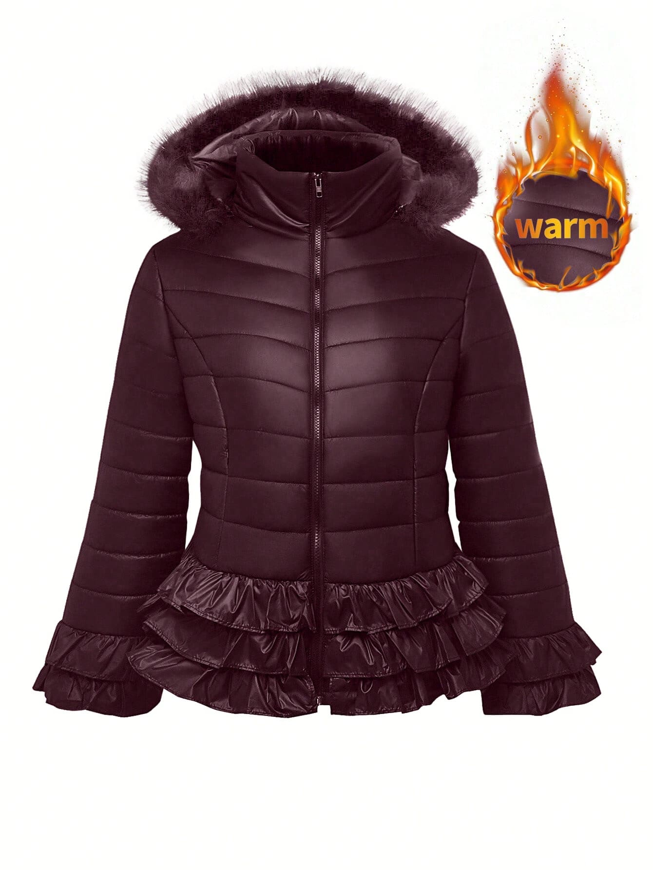 Maweii Damen Große Größen Stehkragen Rüschen Saum Reißverschluss Kapuzen Wattierte Jacke, geeignet für Winterausflüge, Schneezeit und Pendeln - Bordeaux - Übersicht 1