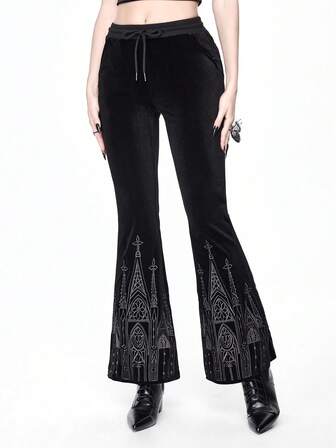Gothic Castle Embroidered Drawstring Elastic Waist Velvet Flare Pants For Women