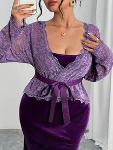 Modelyn Plus Size Women Floral Lace Long Sleeve Top And Spaghetti Strap Dress Elegant 2 Pieces Set - Multicolor - View 6