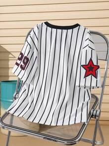 Popeye X SHEIN Tween Boy Casual Striped Cartoon & Letter Graphic V-Neck Short Sleeve T-Shirt, Summer Baseball Clothes Kids Boys Baseball Pajamas Kids Jerseys - Multicolor - View 2