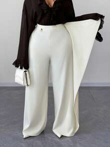 Maweii Plus Size Women's Solid Color Pocket Patchwork Design Wide Leg Loose Pants - Beige - View 6