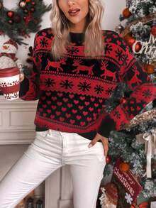 EMERY ROSE Women's Casual Reindeer Pattern Drop Shoulder Long Sleeve Sweater, Autumn/Winter - Red - View 3