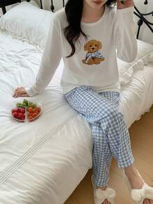 少女两件套睡衣，可爱卡通蝴蝶小狗印花上衣搭配蓝白格纹长裤，时尚休闲长袖家居服，适合春季、秋季及所有季节穿着。 - 藍白色 - 查看 4