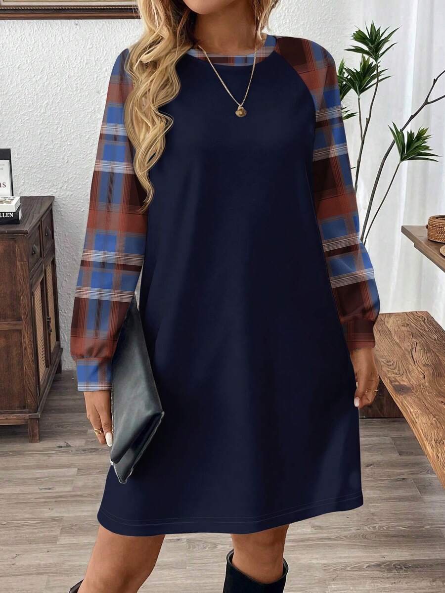 SHEIN LUNE Chic Plaid Patchwork Long Sleeve Short Dress For Women Comfortable Fabric Round Neck - White - View 1