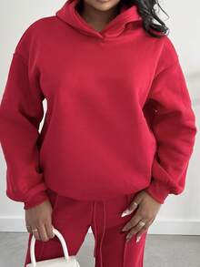 Alexandranx Summer Outfits Women's Simple Casual Solid Color Pullover Hooded Long Sleeve Hoodie Without Drawstring Oversize Fall Clothes Winter Clothes - Red - View 6
