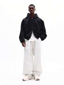 SUMWON 男士宽松全拉链连帽衫，带抽绳帽，冬季休闲卫衣，纯色 - 黑色 - 查看 5