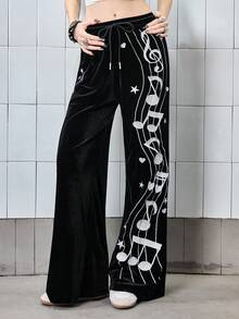 ROMWE Avant Millennium Diva Ultra Low Waist Wide Leg Musical Note Embroidered Velvet Women Sweatpants