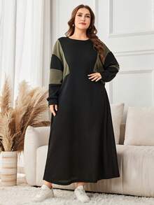 Lacomfia 休闲华夫格拼接撞色圆领长袖宽松常规版型大码连衣裙，春秋季 - 彩色 - 查看 5