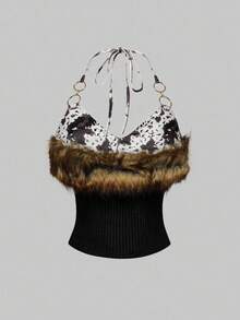 ROMWE Hippie 女士Y2K性感露脐上衣，人造毛皮和豹纹拼接吊带衫 - 黑色 - 查看 2