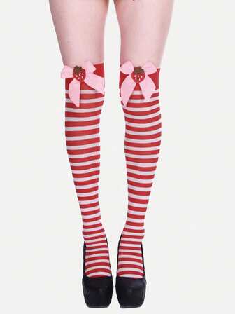 Kawaii 1 Paar süße rosa & weiß gestreifte Oberschenkel-Hohe Socken, süßer Schul-Stil mit Erdbeeren-Schleifen-Dekor Overknee-Socken, super dünne elastische transparente Strumpfhosen