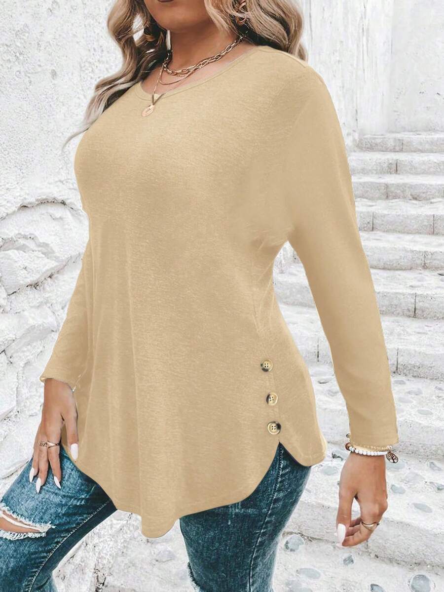 SHEIN Clasi Áo thun nữ tay dài cổ tròn màu trơn cỡ lớn thiết kế nút bên hông - Màu be - Xem 1