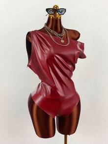 Amplova Women's Burgundy Spandex Bodysuit, Asymmetric Shoulder Top Patchwork Leather Red Swimsuit Y2K Summer Outfit,Seksi Chic Night Club - Burgundy - View 6