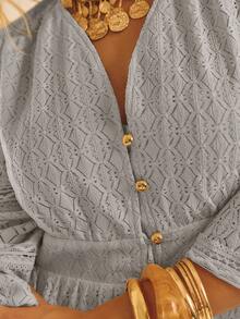 Aralina Lace Insert Long Sleeve Button Up Ruffle Hem Elegant Mini Shift Shirt Dress - Dusty Blue - View 8