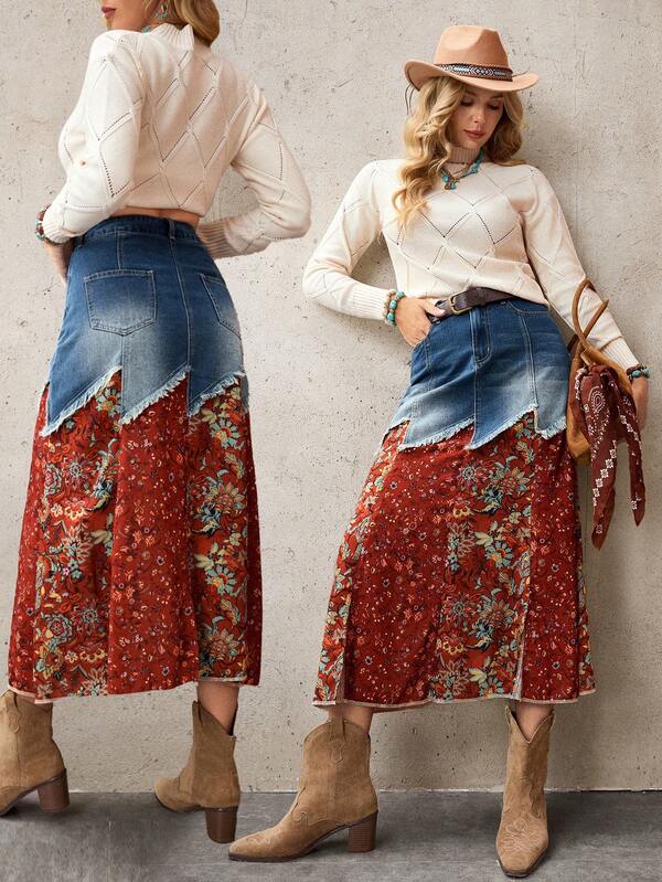 EMERY ROSE Gonna di jeans casual da donna con stampa floreale a patchwork, orlo sfrangiato e spacco laterale
