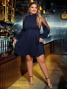 SHEIN Clasi Plus Size Women Mandarin Collar Polka Dot Mesh Patchwork Long Sleeve Elegant Dress/Winter - Blue - View 4