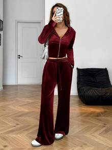 SHEIN EZwear Wine Rhinestone Embellished Hoodie & Pants Tracksuit Set For Women Two Piece Set Women Comfy 2 Piece Lounge Sets Woman 2 Piece Casual Sets Woman Sexy 2 Piece Sets Woman Burgundy Set - Burgundy - View 3