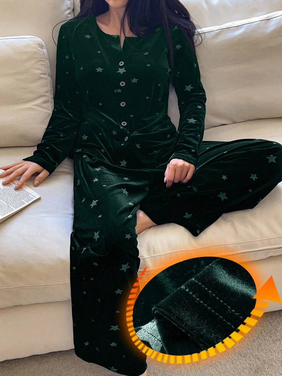 DAZY Women's Star Print Velvet Pajama Set, Autumn/Winter - Dark Green - View 1