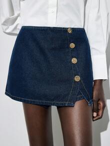 Maija 女士金属纽扣设计侧开衩下摆时尚牛仔短裙 - 深色水洗藍 - 查看 4