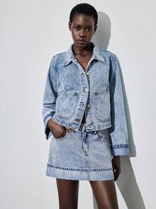 Maija 女士长袖单排扣口袋牛仔外套和牛仔迷你裙休闲套装，都市通勤商务休闲装 - 中等水洗藍 - 查看 4