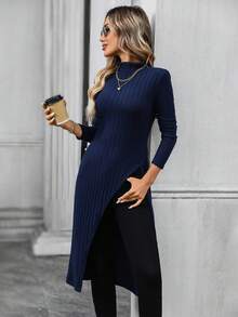 EMERY ROSE Áo thun nữ cổ tròn tay dài màu trơn xẻ tà, viền bên hông, dáng rộng thoải mái - Xanh đậm - Xem 3