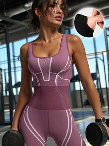 Innovista 女士无缝双色运动连体裤，内置胸罩，可拆卸胸垫，几何赛车条纹，弹力瑜伽健身连体裤，透气网眼面料，迷人的紫色秋季运动紧身裤，收腹提臀设计，休闲运动服，适合办公室、健身房、居家办公、跑步、骑行、高强度间歇训练等多种场合，带来舒适的运动体验。超无缝设计，露背绑带，实用时尚。 - 紅色 - 查看 3