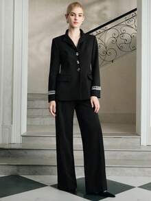 Anewsta بدلة نسائية مكونة من: بليزر نسائي طويل الأكمام مزين بأشرطة الكشكشة والرينستون والمشبك المعدني غير متماثل، مع بنطال نسائي عالي الخصر مطوي، مجموعة بدلة نسائية عصرية فاخرة - الأسود - مشاهدة 4