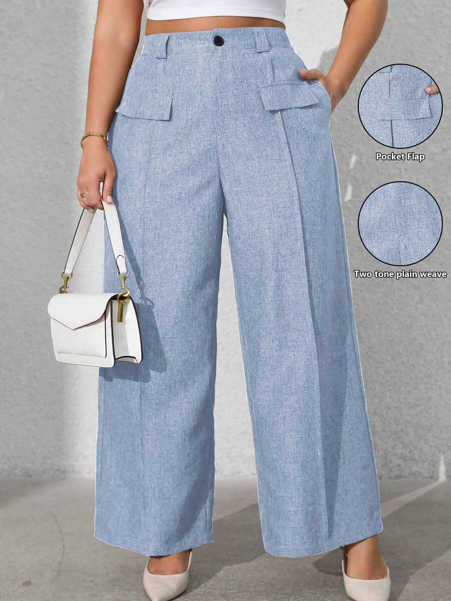 Vionelle 大码女式纯色前袋休闲西装裤 夏季亚麻裤 高腰阔腿裤 阔腿裤 女士夏季裤装 - 淺藍色 - 查看 1