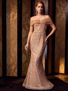 MOTF Soiréza 优雅女士露肩无袖及地晚礼服——褶皱紧身胸衣饰以珍珠，闪亮串珠鱼尾裙摆，修身剪裁，适合婚礼、盛大晚宴、正式活动、黑领结晚宴、红毯活动、豪华婚宴、颁奖典礼等场合。亦可作为婚纱、舞会礼服及正式派对礼服。 - 香檳色 - 查看 7