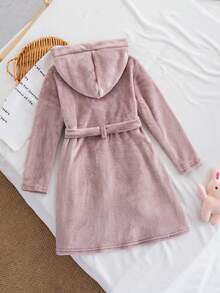 Genkimix Kids Tween Girl Elegant Lotus Pink Flannel Fabric Minimalist Embroidered Bowknot Hooded Long Sleeve Maxi Dress With Belt, Comfortable Loungewear Robe - Dusty Pink - View 2
