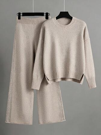 EMERY ROSE Women's Elegant Loose Long Sleeve Tie-Waist Knit Sweater & Pants Set, Plus Size, Suitable For Outings, Parties, Wedding Guests, Autumn/Winter