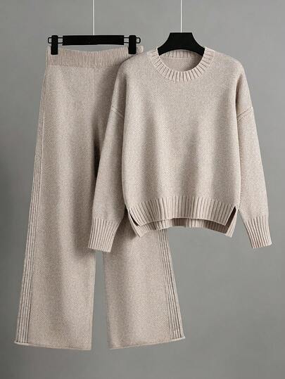 EMERY ROSE Women's Elegant Loose Long Sleeve Tie-Waist Knit Sweater & Pants Set, Plus Size, Suitable For Outings, Parties, Wedding Guests, Autumn/Winter